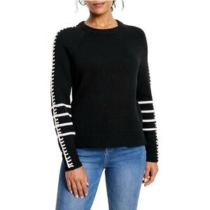 NIC + ZOE dashing down sweater in black onyx striped sleeve preppy rugby sz M